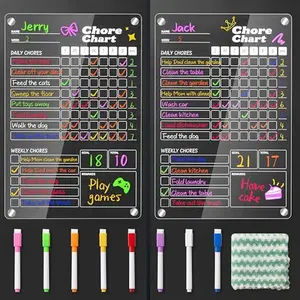 2 pcs Acrylic Magnetic Chore Chart for Kids on Fridge, Chore Board, Dry Erase Chore Chart, 12"x8" Transparent Erasable Reward Chart for Teens and Adults Chore Checklist with 8 Markers and Towel