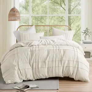 Neutral Cal King Size Duvet Cover Set - 3-pc Pintuck Pleated Duvet Cover, All Season Lightweight, Extra Softness Pre-Washed Microfiber Cal King Bed Cover Shams, Cal King