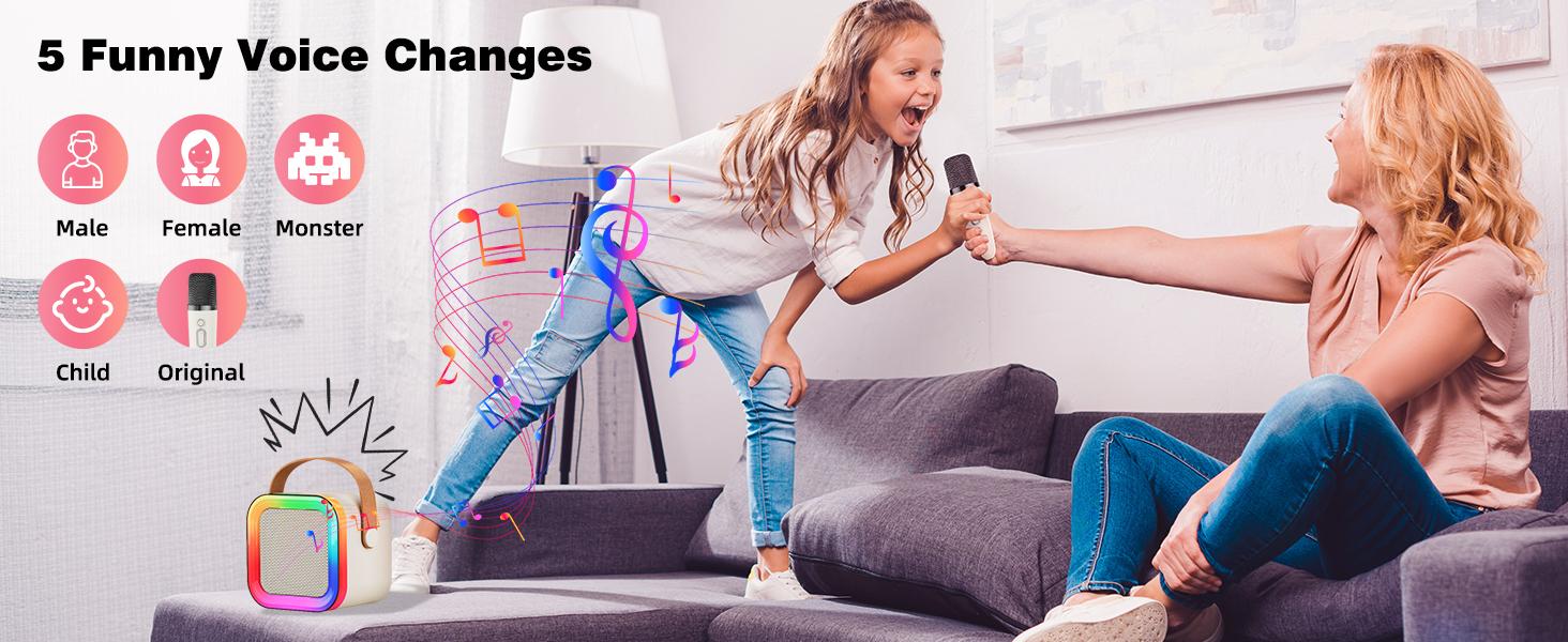 Mini Karaoke Machine K12 with Two Microphones, Colorful LED Lights, Suitable for Children Aged 8-14, Ideal for Family Parties and Birthday Gifts