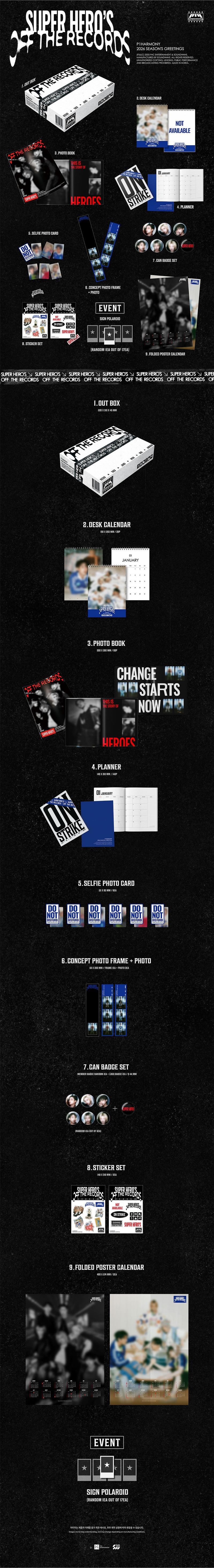 P1Harmony – 2026 Season’s Greetings (SUPER HERO’S: OFF THE RECORDS) | Official K-Pop Calendar + Planner Set | Desk Calendar (28p) + 80p Photobook + 142p Planner + Selfie Photocards + Badges + Poster Calendar