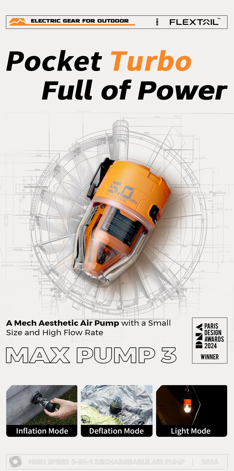 FLEXTAIL Max Pump 3 Air Pump for Inflatables Portable with Camping Light Transparent Design 5.0 kPa Pressure 500 L/min Airflow 6 Nozzles - Inflating Bed