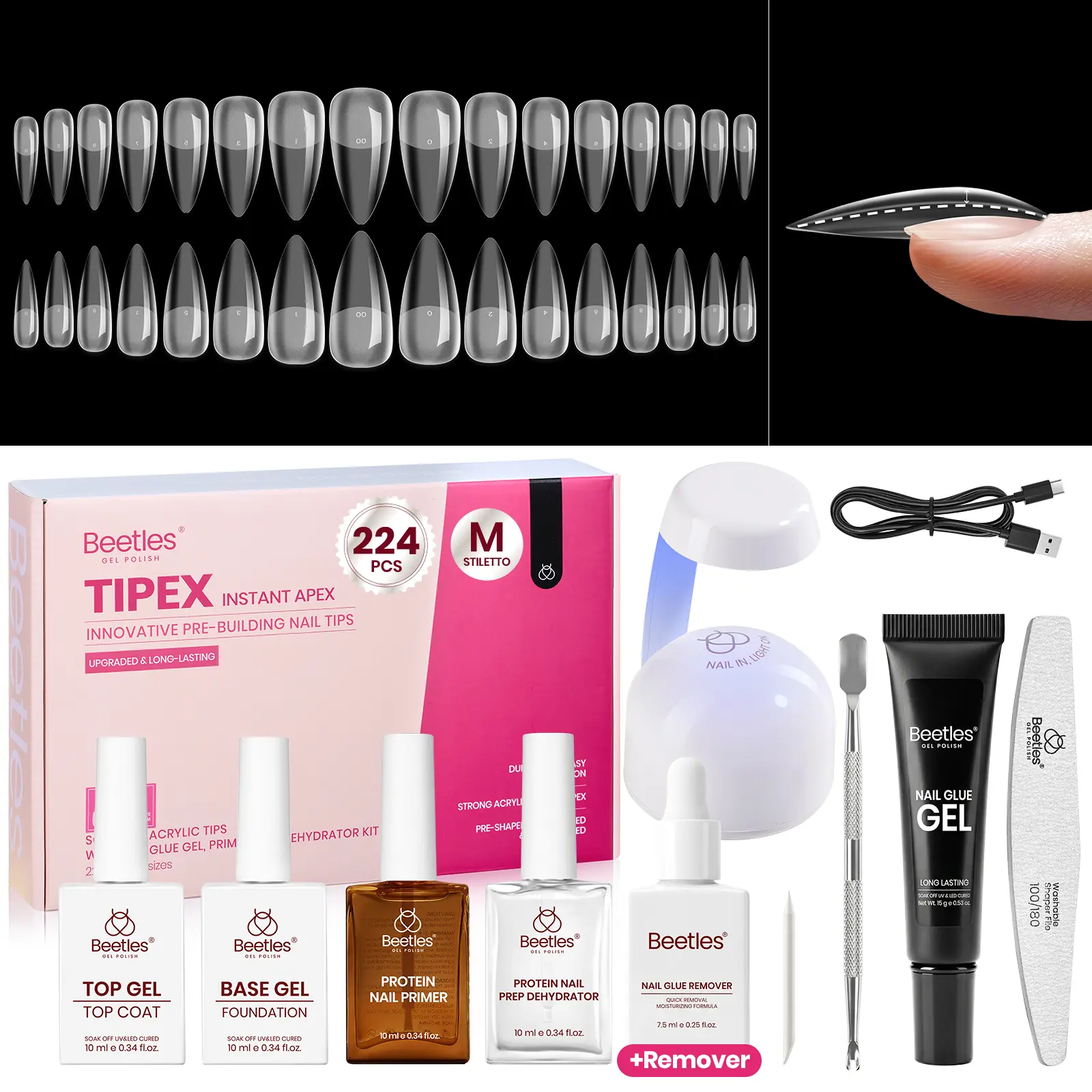 [Exclusive to TTS]Beetles Tipex Nail Extension Kit Instant Apex Nail Tips Kit with Nail Glue Remover, Mini UV Lamp,Solid Nail Glue, Base & Top Coat Pre-Building Pre-Etched Acrylic Tips Kit