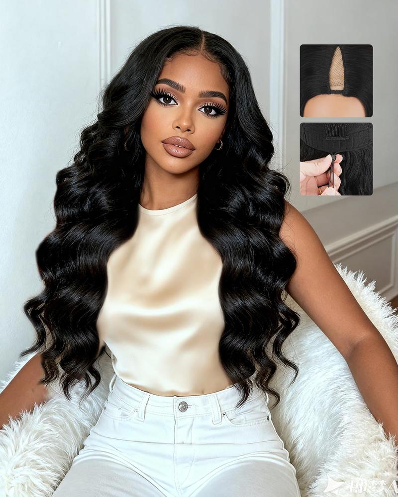 Mamushow 250% Density V Part Human Hair Body Wave Wigs with Drawstring for Black Women V Part Yaki Loose Body Wave Wig Brazilian Virgin Human Hair Wig Natural Color
