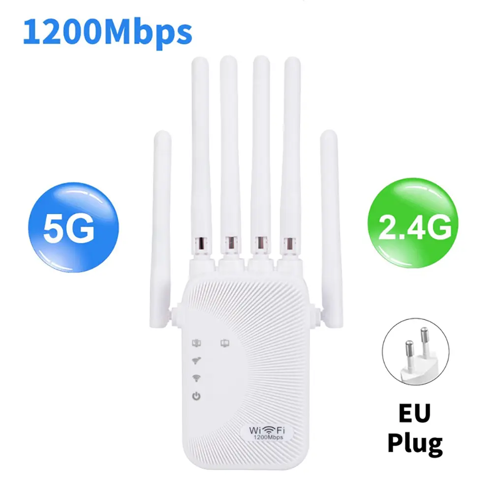 Portable Tri-Band Pocket Wi-Fi Hotspot Router with High Gain Antennas, 1x 1200Mbps AC Signal Booster, 2.4G/5G Dual-Band Network Expander, EU Plug External Rotatable Wi-Fi Range Extender for Tablets, TVs