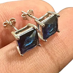 925 Sterling Silver Princess Cut Blue Sapphire Stud Earrings for Women 6MM