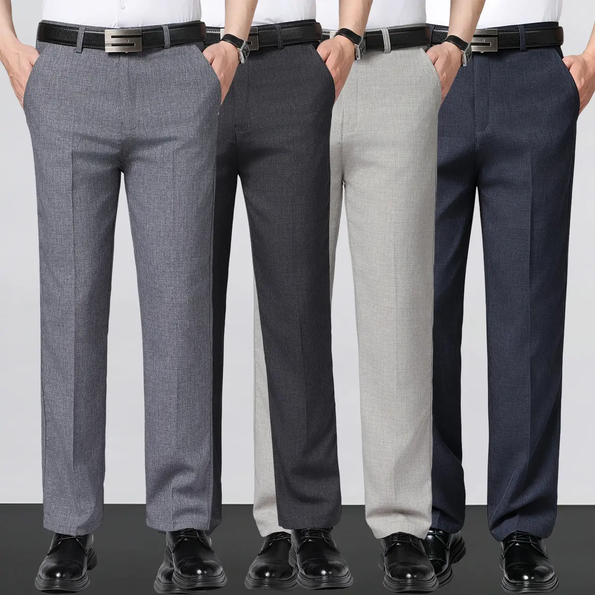 Men's Business Casual Dress Pants (4pcs) - Slim Fit Straight Leg, Stretch Fabric, Plain Classic Menswear with Draping Effect, Suitable for Golf & Formal Occasions, Ideal for Business Travel, Multiple Color Combinations, Stylish