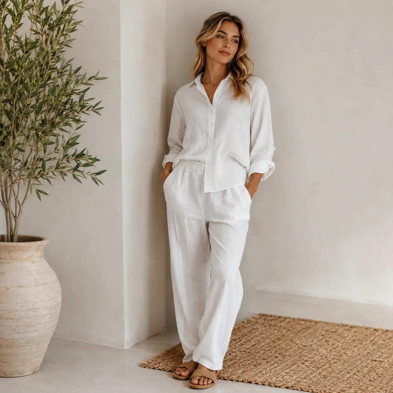 Women's Plus Size Loungewear Set, 2-Piece Oversized Pajama Set with Long Sleeve Button-Down Shirt and Trousers in a Linen-Look Fabric, Nightwear, Women's 2 Piece Set