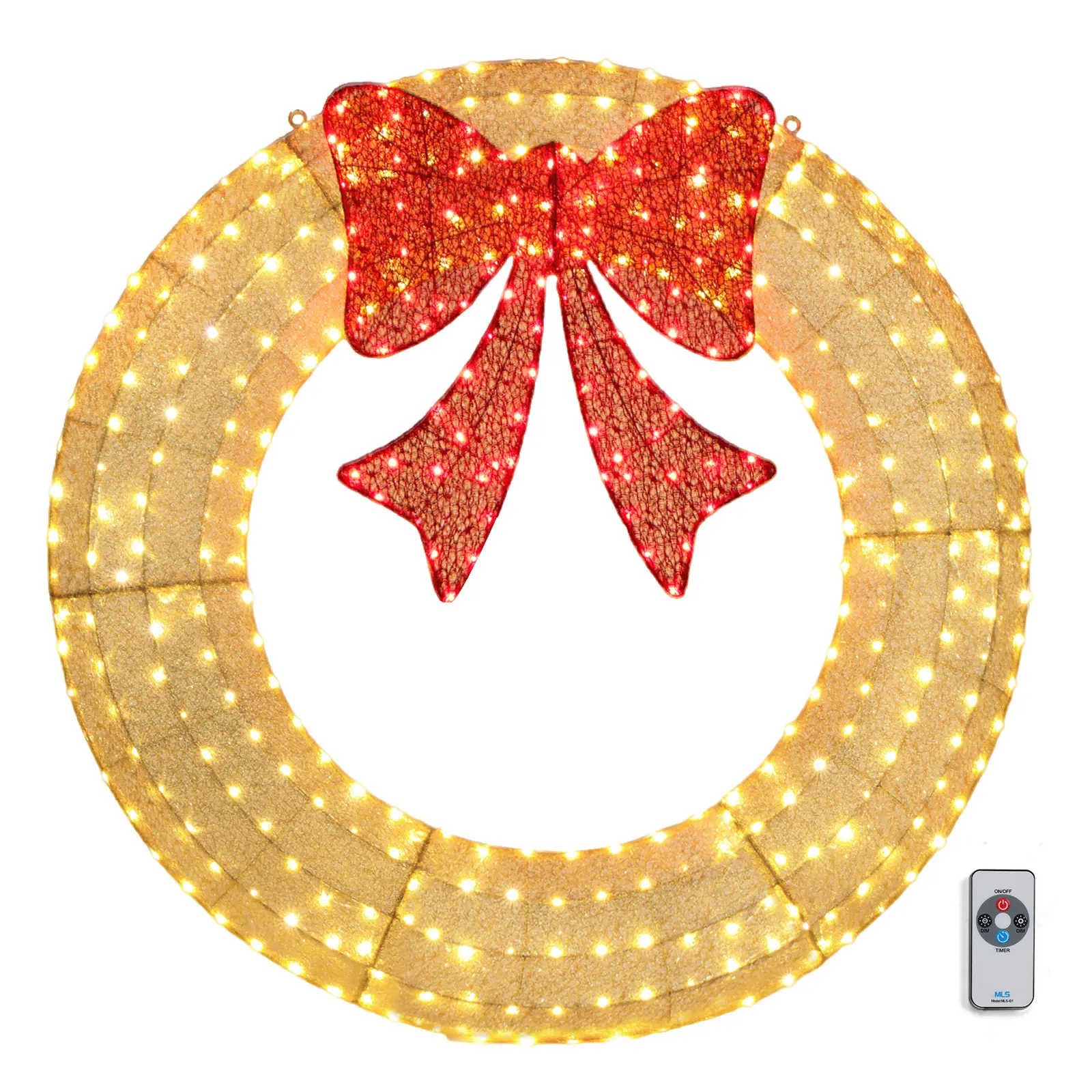 60 Inch Large Christmas Wreath, Outdoor Christmas Wreath for Garage, Windows, Christmas Door Wreath Decorations with Red Bow, Timer Remote Control, Plug-in, GOLD