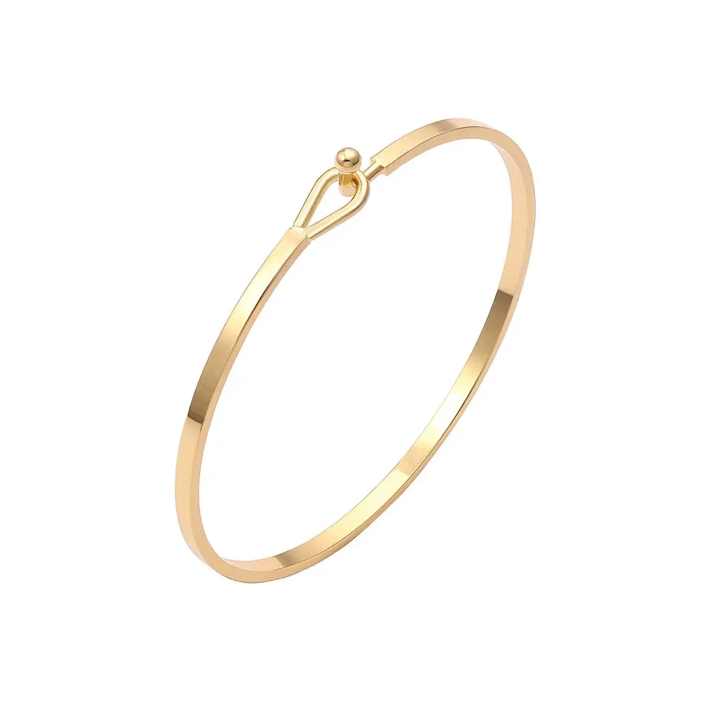 1pc Women’s Slim Oval Hook Bangle Bracelet, 3mm Minimalist Ball-and-Loop Closure, Gold or Silver Tone