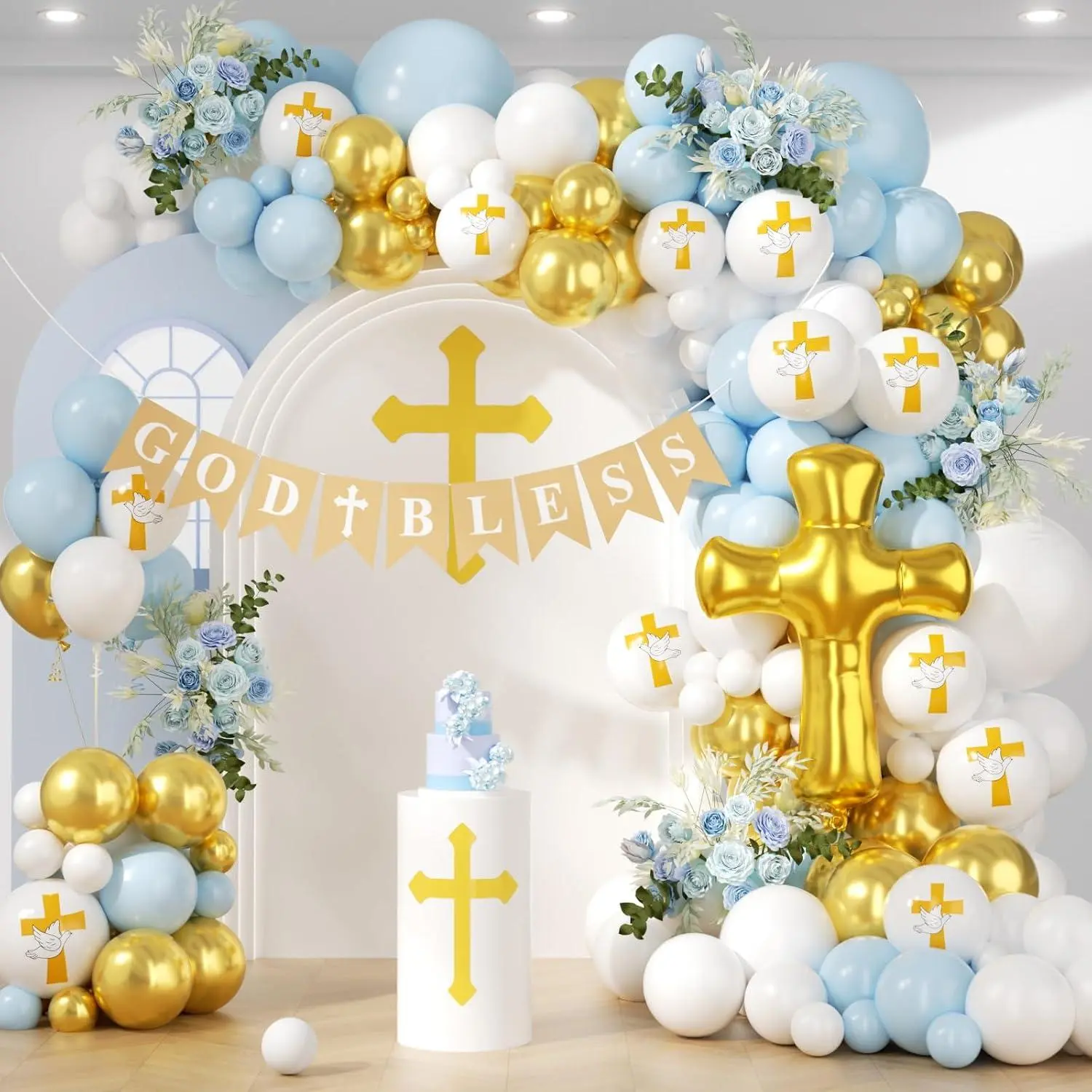 First Communion Blue Balloons Arch Kit 160Pcs, Baptism God Bless Balloon Garland Arch Mi Bautizo Christian Decor Cross Balloon For First Holy Communion Baptism Baby Shower Birthday Supplies