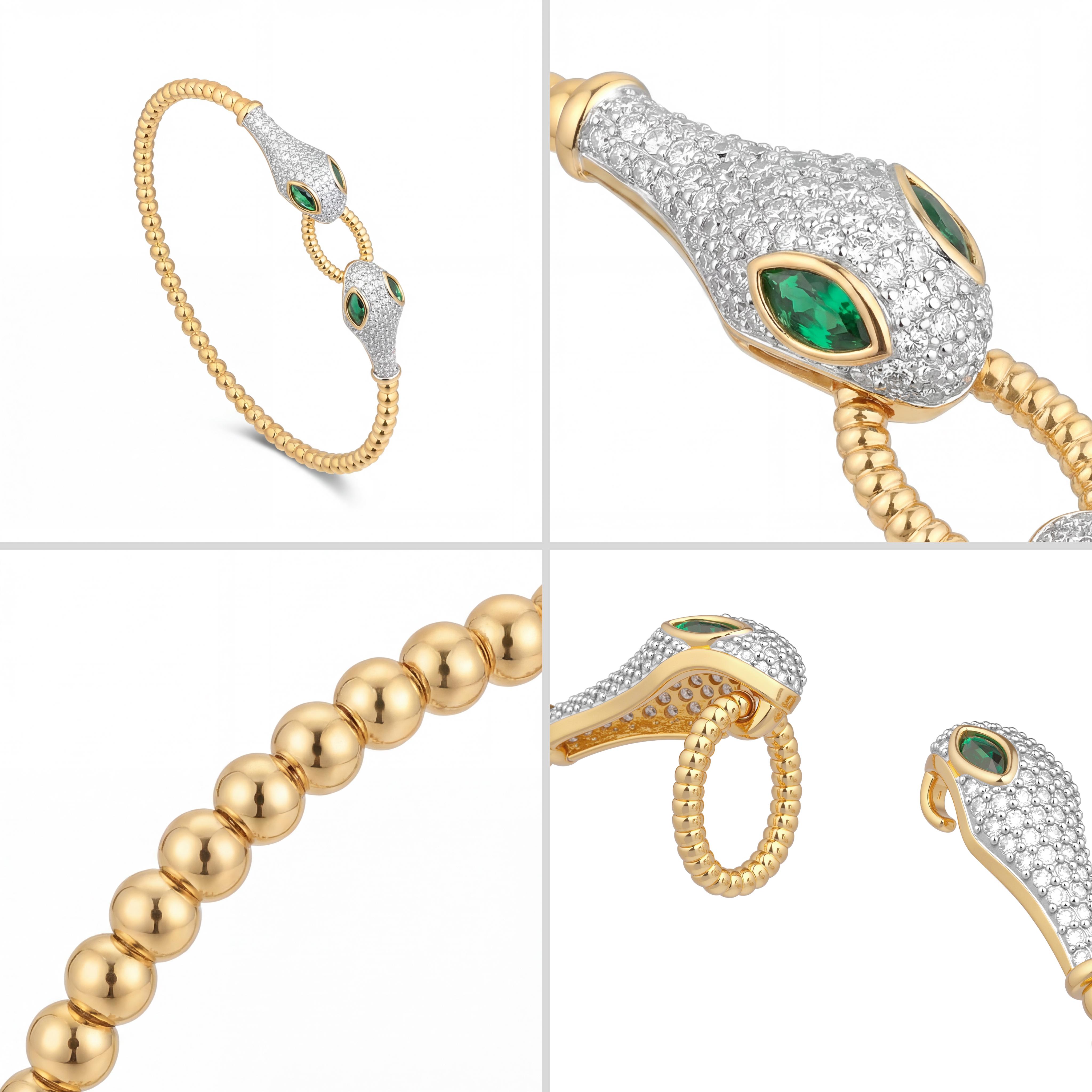 Aprilery Adjustable Snake Design Beaded Bracelet with Green Zircon and Two-Tone Gold and Silver Finish