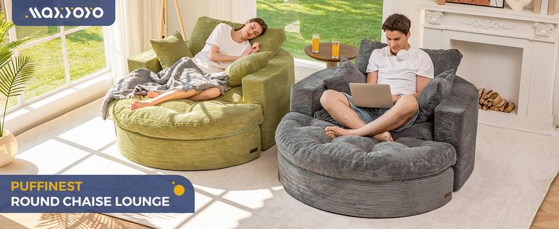 MAXYOYO Oversized Round Chaise Lounge Sofa, Upholstered Lounge Chair with 3 Pillows, Boneless Sofa Couch with Ottoman, Deep Seat Sleeper Chair for Living Room, Bedroom, No Assembly