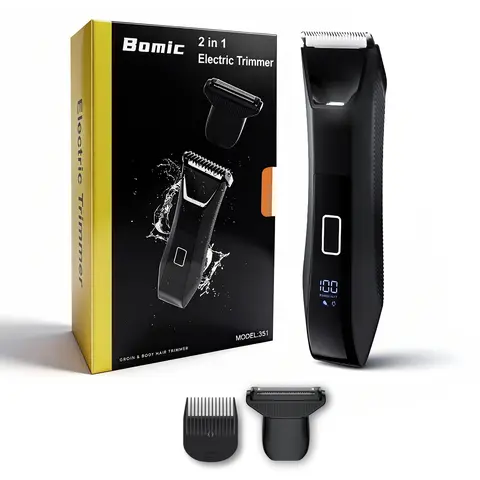 AMULISS Men's 2-in-1 Cordless Professional Dual Head Body Trimmer - No-Nick Groin & Pubic Hair Shaver, Nose Hair Trimmer, IPX7 Waterproof, Lightweight, Portable, Travel Lock, LED Display, for Abs & Daily Care, With Box, Cordless Trimmer, Dual Head Trimmer