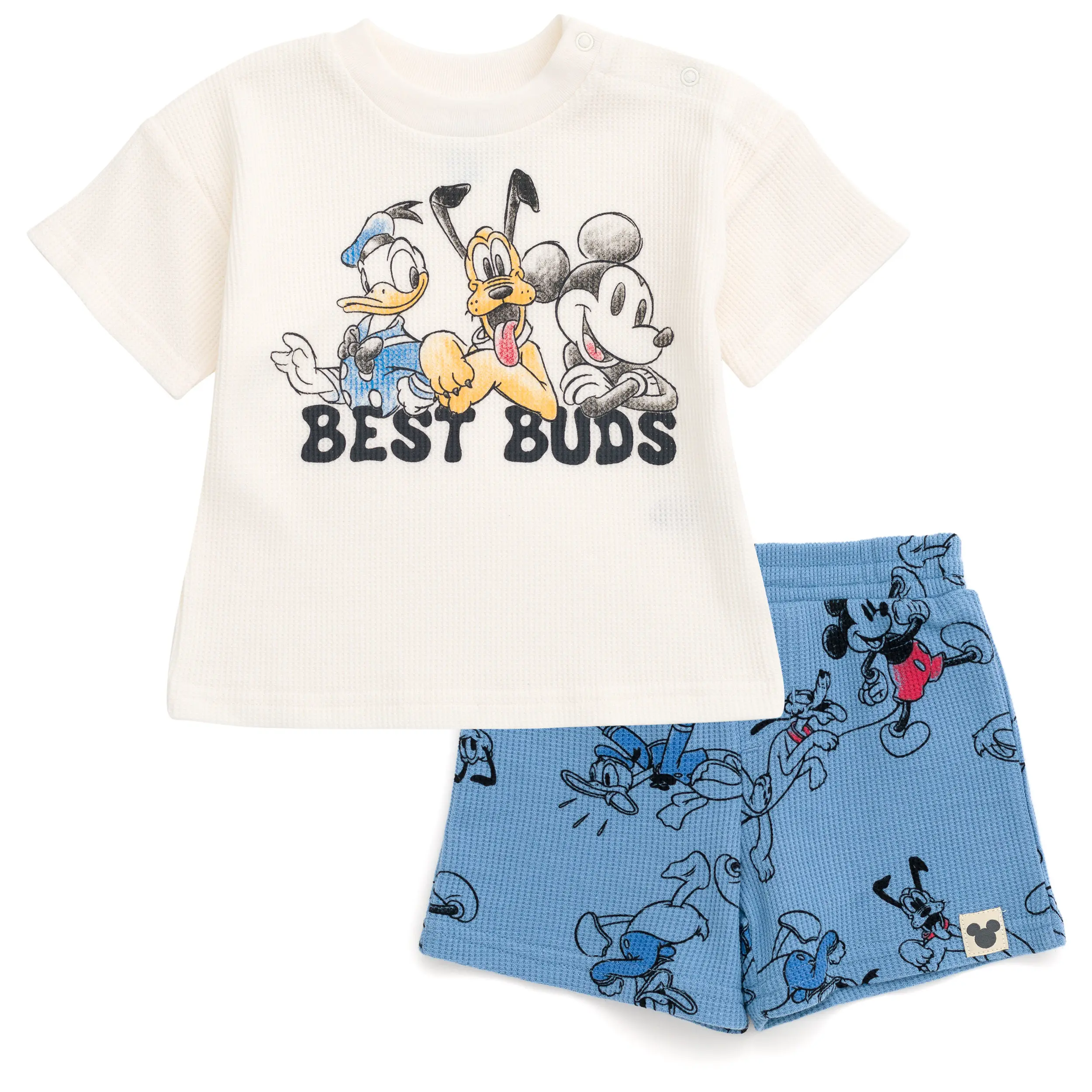 Disney Baby Boys' 2-Piece Matching Set, Vintage Waffle Knit Cotton Short Sleeve Graphic Tee and Allover Print Shorts with Elastic Band, Snap Closures, Two Piece Set, Baby Boy Clothes
