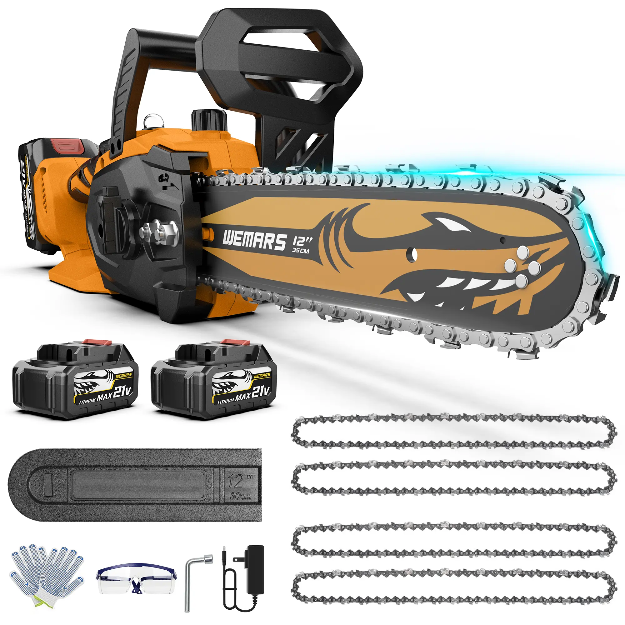 21V Cordless Chainsaw (Tool with Cordless Design), 12-in, 2 Batteries for Extended Runtime, Brushless Motor for Efficient Operation, Tool-Less Tension for Quick Adjustments, Auto Lubrication, 4 Chains, Safety Lock for Wood Cutting, Tree Trimming