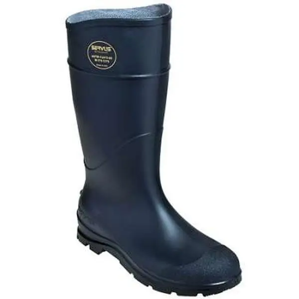 Men's 16-in Black PVC Mid-Calf Work Boots - USA-Made, Waterproof Safety Shoes, Closed-Toe, Steel Shank, Slip-Resistant Trac10 Rubber Sole, Injection Mold, ASTM Impact, Wet-Floor Grip, Rugged Plain Style, Durable, Foot Form Insole (for Food Processing)