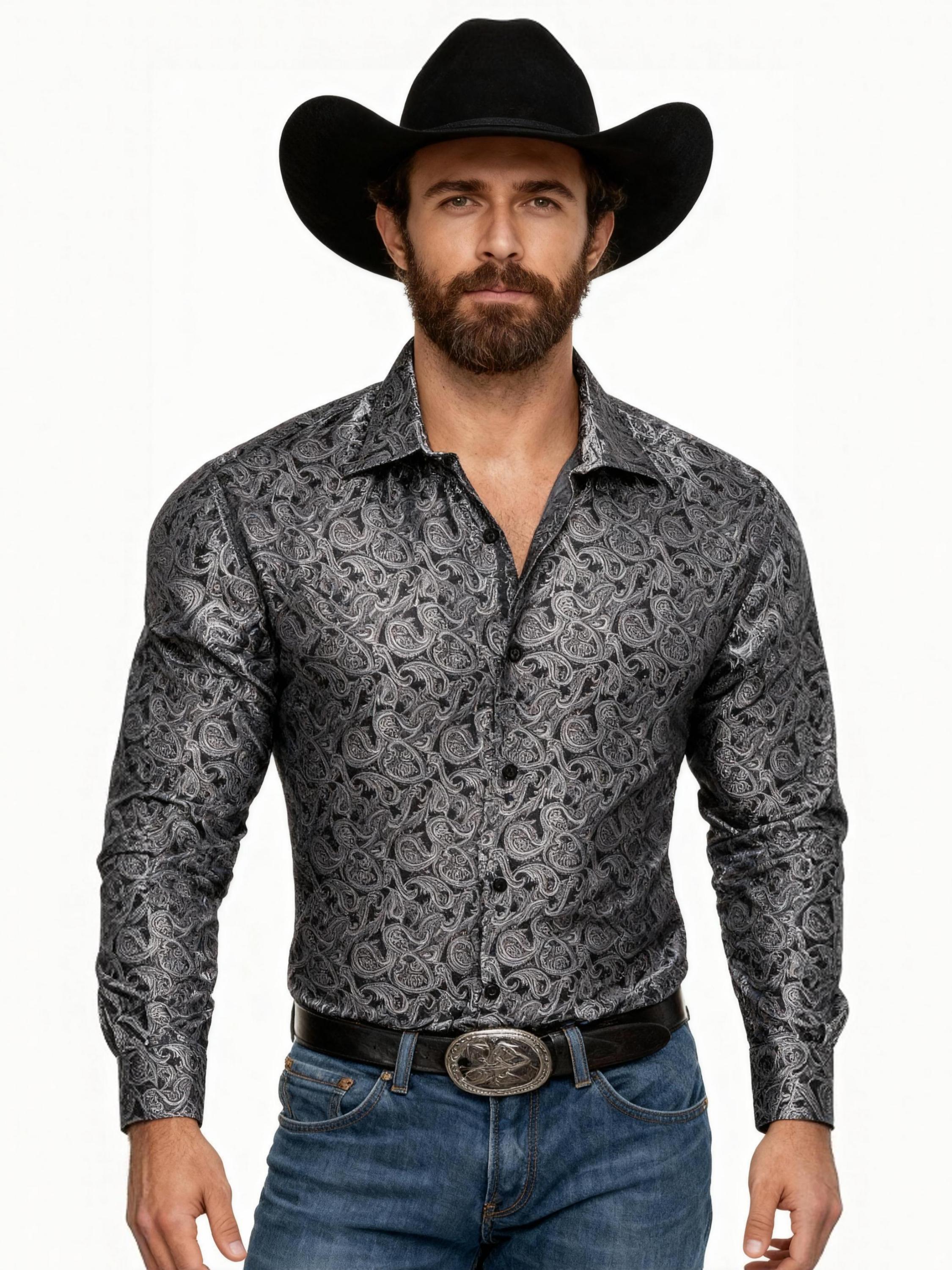 AILISUS Men's Floral Button Down Shirt Jacquard Black Gray Regular Fit Long Sleeve Shirts Wrinkle Free Classic Men Clothes Summer Daily Casual Menswear