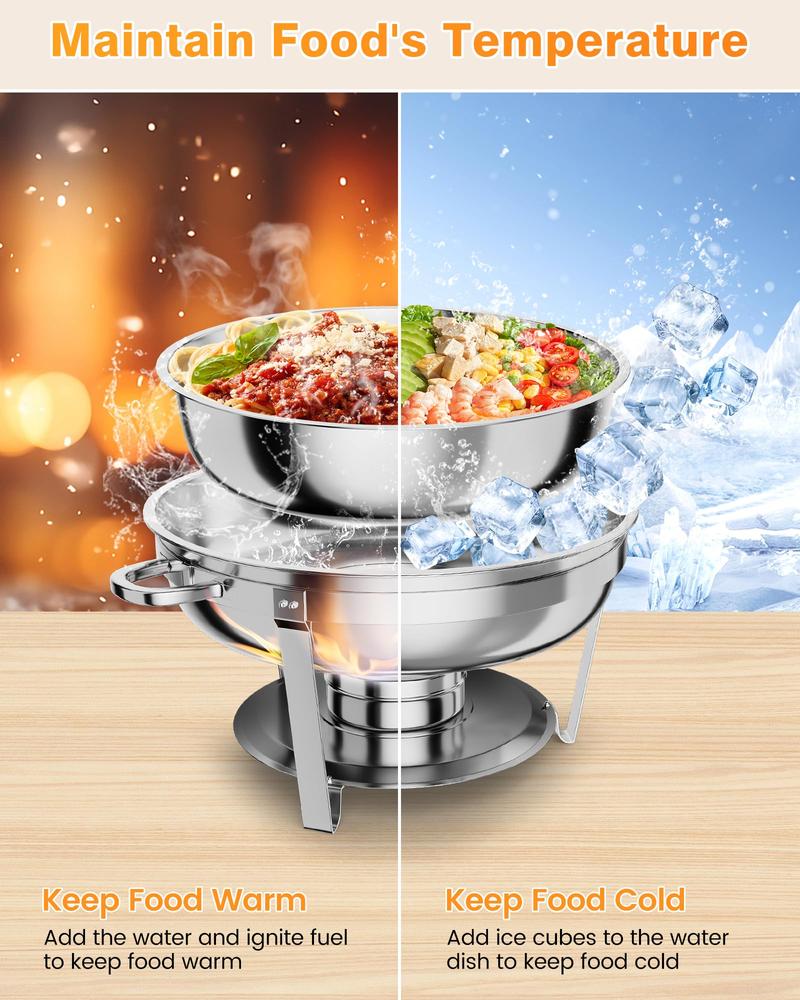 【GARVEE】Professional Stainless Steel Chafing Dish 5QT Round Buffet Server & Warmer Rust Resistant Casserole Cooking Container 2 4 or 6 Pack Options