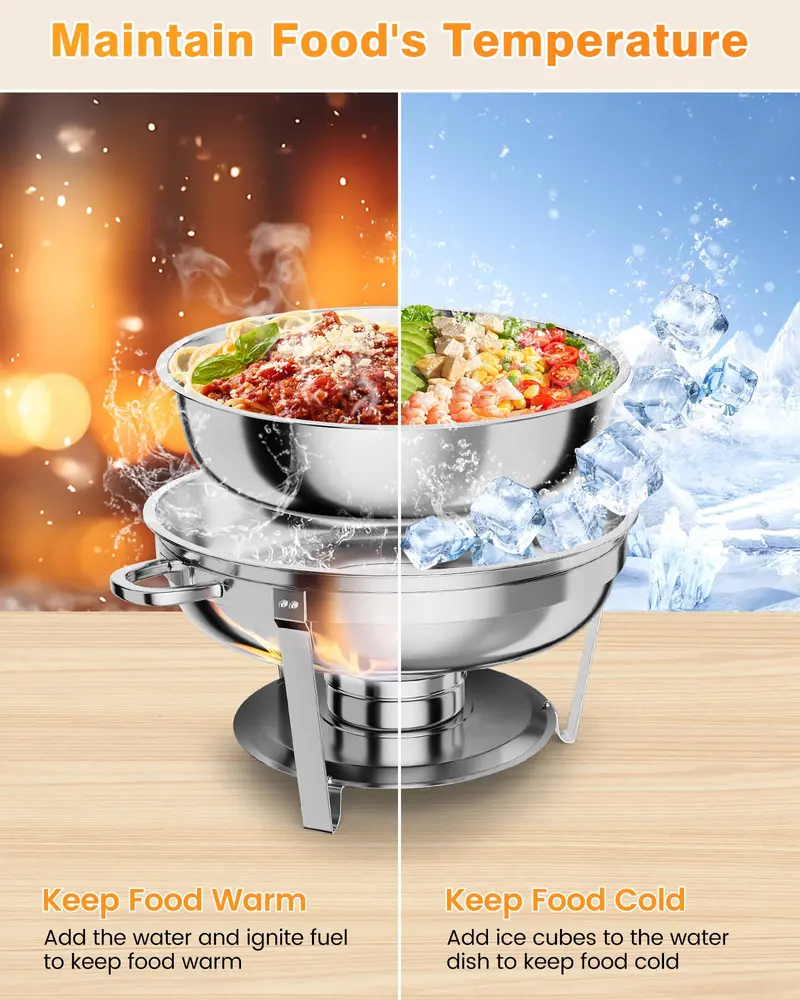 Garvee Round Professional Stainless Steel Chafing Dish 5QT Round Buffet Server & Warmer Rust Resistant Casserole Cooking Container 2 4 or 6 Pack Options