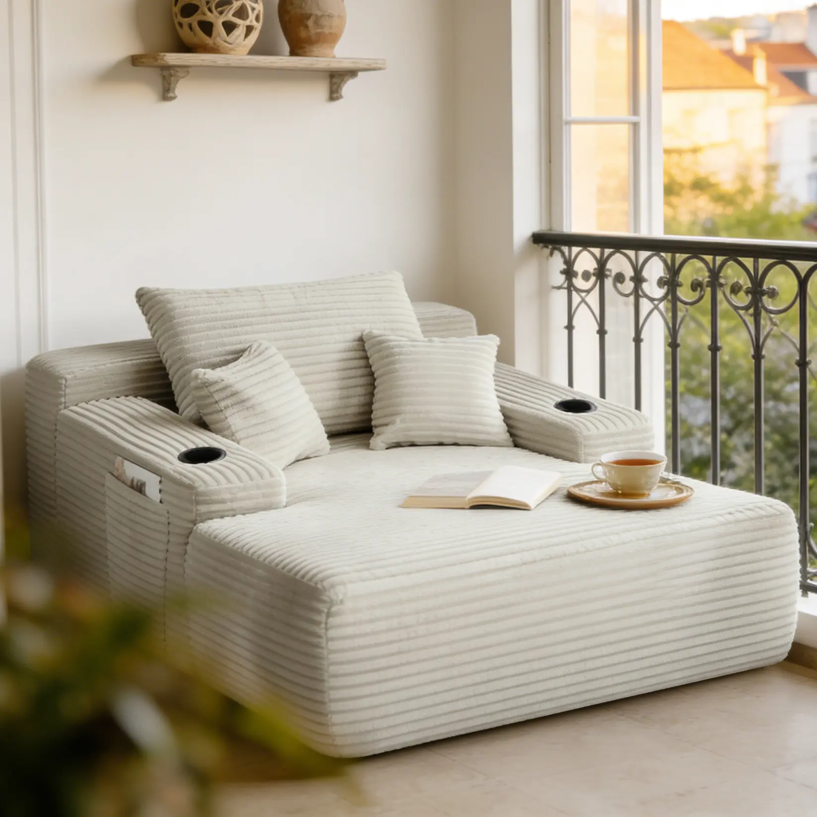 Niccae Oversized 2-in-1 Convertible Chaise Lounge Chair - Sturdy Fabric Couch for Living Room, Plush, Fixed Arms, Striped Throw Pillows, Cup Holder, Spring-Pad Support Boneless Sleeper Sofa Bed, Fully Assembled, Beige Modern Indoor Furniture