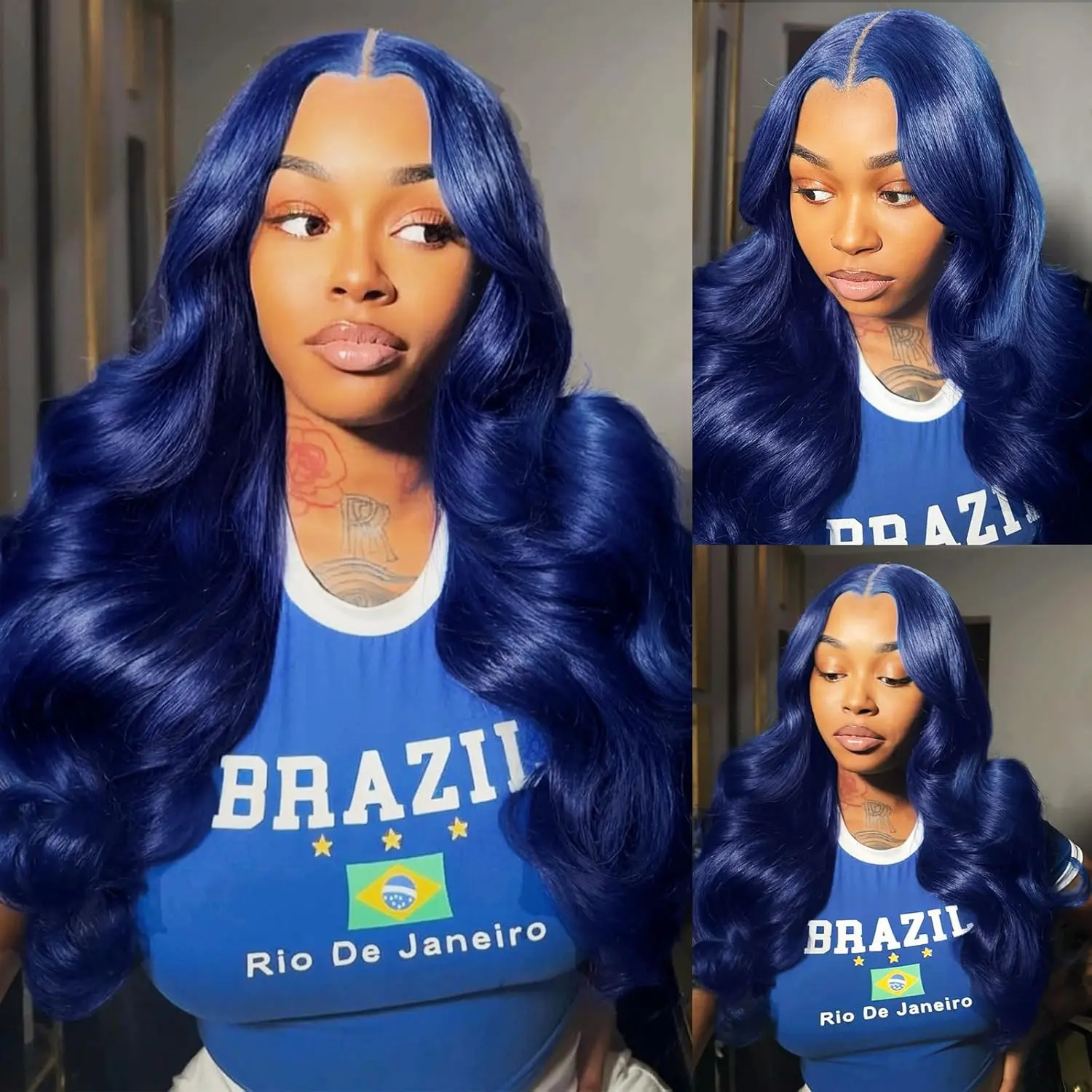 AMZHAIR Body Wave 13x6 Dark Blue Transparent Lace Front Wig Human Hair 180% Density Pre-Plucked with Baby Hair Navy Blue Colored Glueless Wig for Everyday Wear Colored Hd Lace Frontal Wig Human Hair Lace Front Wigs 13x4 Brazilian Glueless Wig For Women