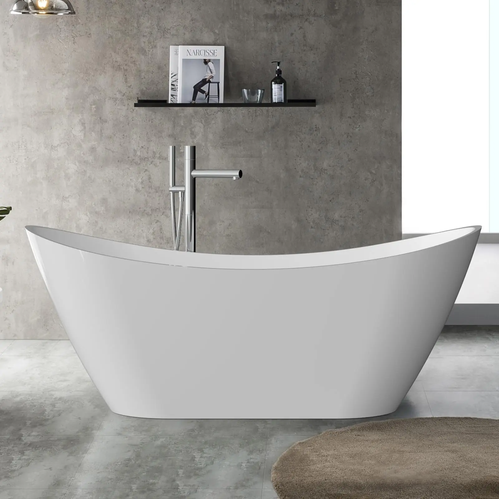 Acrylic Freestanding Bathtub - cUPC Certified Modern Oval Deep Soaking Tub with Chrome Drain & Overflow, Glossy White/Black, Available in 59" or 67" Sizes for Bathroom