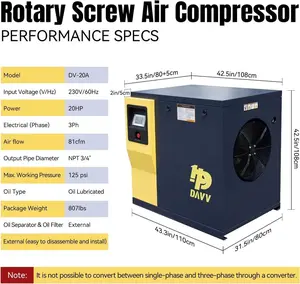 HPDAVV DV-20A Rotary Screw Air Compressor 15KW/20HP 460V/3Ph 81CFM 125PSI Heavy Duty Air Compressor