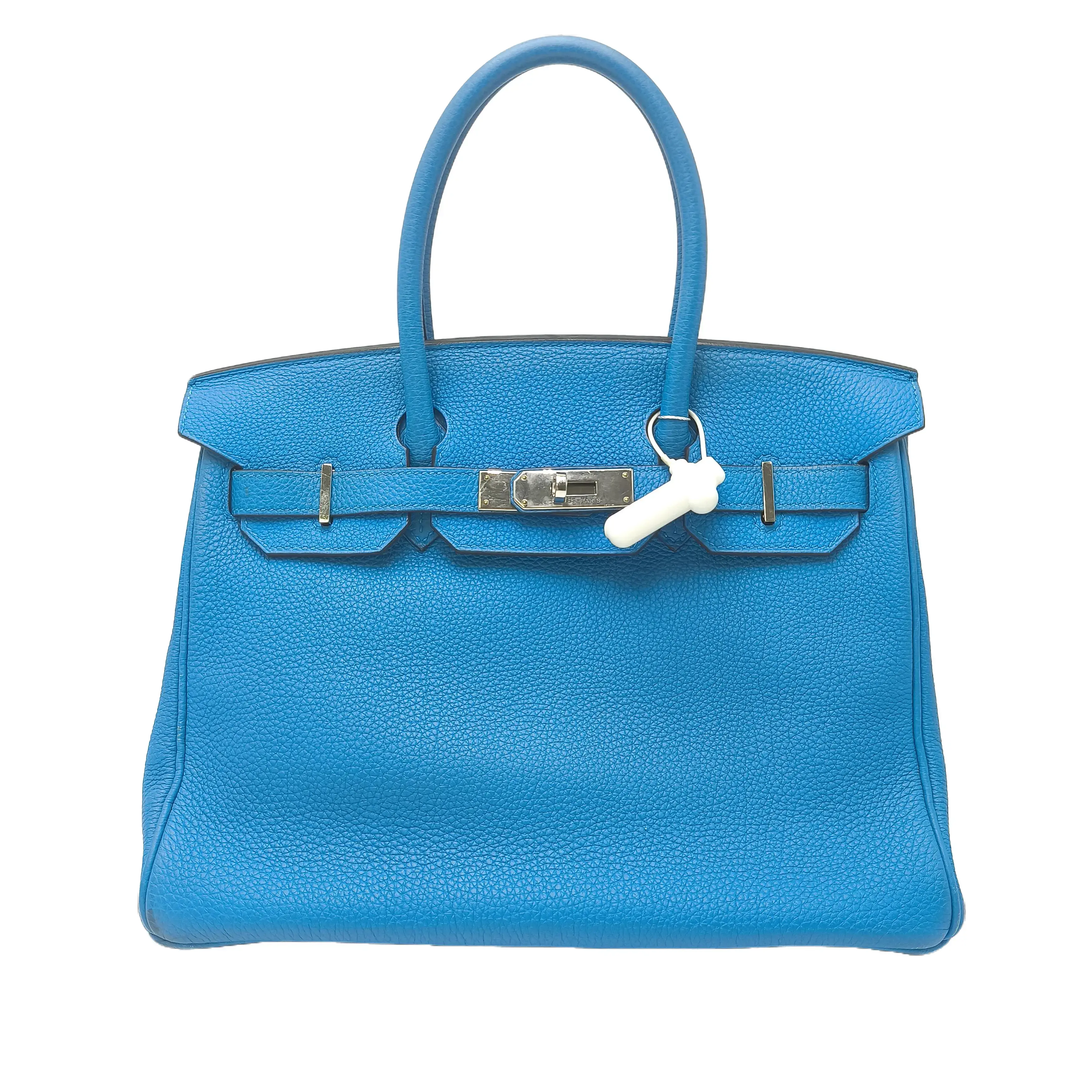 Pre-owned HERMÈS leather Tote Bags Bright Blue Togo Calf Birkin 30 Top Handle Handbag Silver Turn Lock Hardware For Women