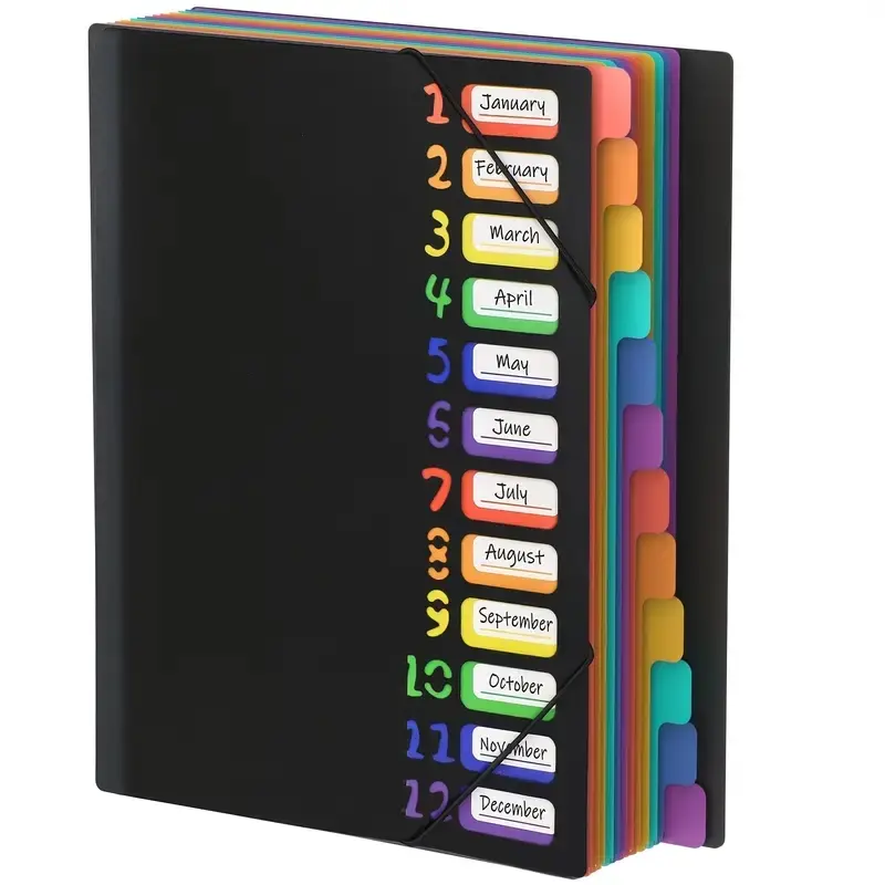 Colorful Label A4 Folder with Month Dividers, File Organizer Folders, Durable Plastic Document Organizer for School Office Home, Sturdy Cover with Calendar System, Office Supplies