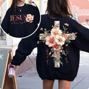 Aesthetic Floral Christian T-Shirt | Premium 100% Cotton Heavyweight Tee | Motivational "Jesus is the Light" Bible Verse Apparel | Vintage Religious Cross Floral Gift for Her | Soft Breathable Faith Based Streetwear