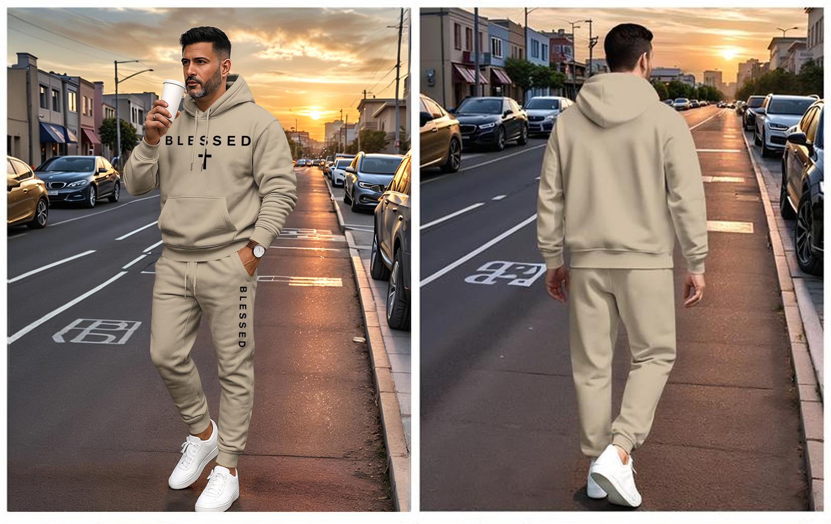 Men's Blessed Cross Letter Print Hoodie & Drawstring Sweatpants Set with Pockets, Casual Athletic Long Sleeve Hoodie & Jogger Pants for Fall & Winter, Sportswear Tracksuit for Indoor & Outdoor Activities
