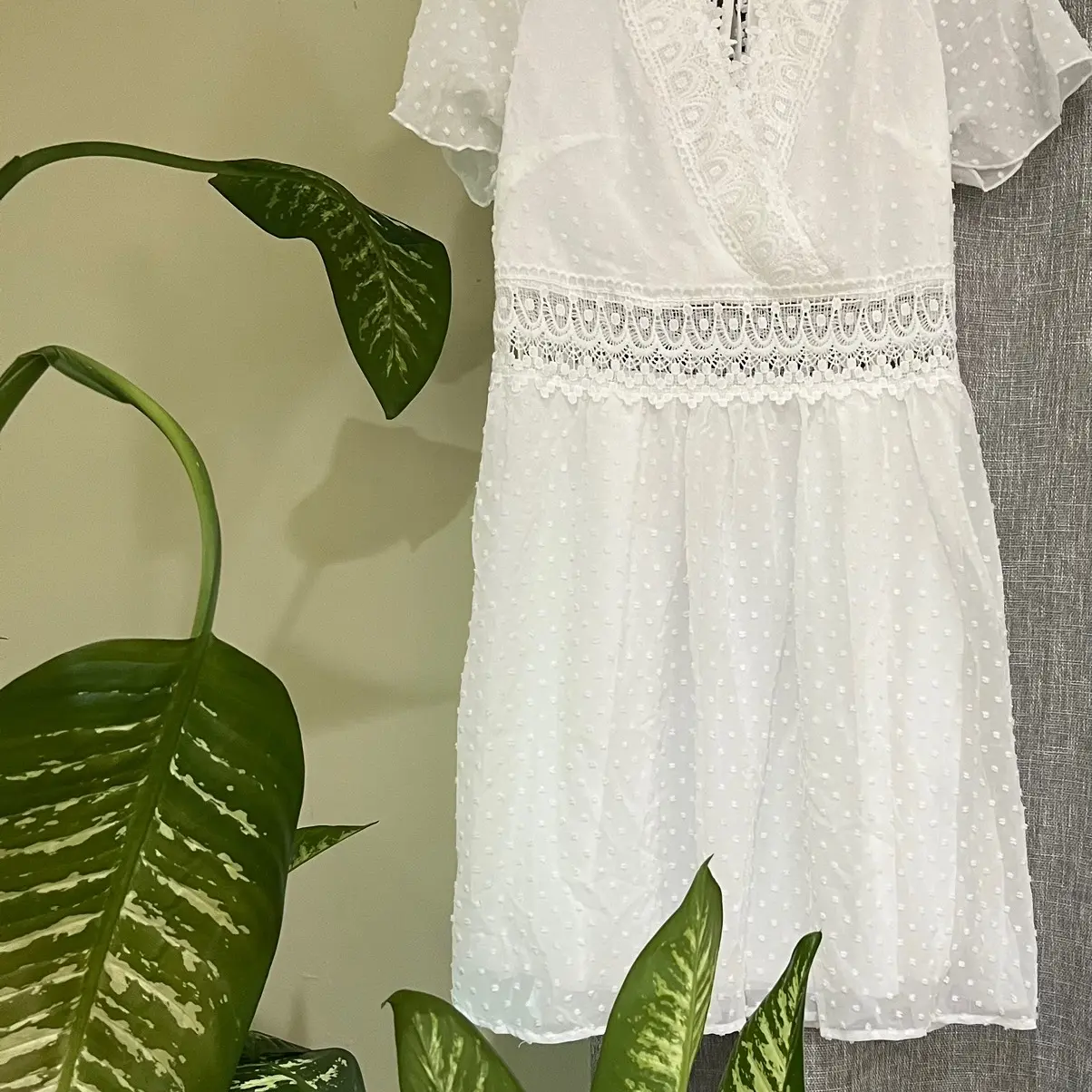 $22.00 SHEIN Swiss Dot Butterfly Sleeve Cut Out Lace Waist Tie Neck Dress Size M