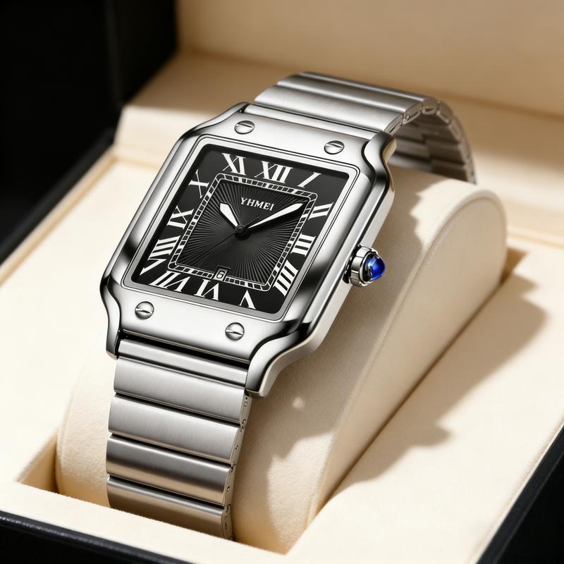 [Mother's Day Gift]Unisex Silver Square Watch Roman Numerals Date Display - Luxury Stainless Steel Analog Waterproof Wristwatch for Men Women - Old Money Aesthetic Style - Classic Business Casual Fashion Gift