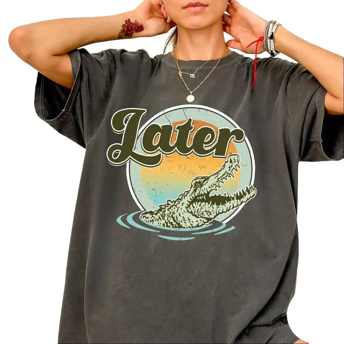 Vintage Later Gator Comfort Acid Wash T-Shirt, Gameday Doodle Tee, Trendy Women's Animal Shirt, Game Day Tee, Vintage Style Graphic Design T-Shirt, Vintage Baggy Style Streetwear Tops
