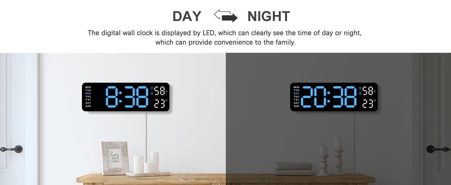 Digital Wall Clock Large Display, 9" LED Wall Clocks for Living Room Decor, Digital Clock with Temperature/DST/Auto-Dimming/Humidity/Snooze - 12/24H, Silent Digital Clocks for Seniors Kids
