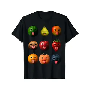 Funny AI Silly Fruit Meme T-Shirt with Tongue-Out Face - Gen Z Viral Video Inspired Design, 8 Colorful Cartoon Fruits