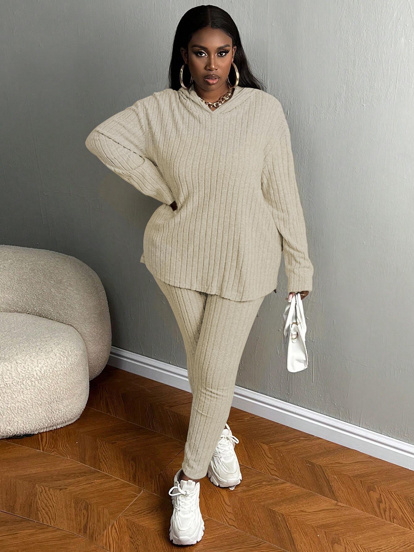 USBOUTIQUECHIC Plus Size Women's Solid Textured Ribbed Hoodie & Elastic Waist Pants Set, Casual Cozy Ribbed Knit Outfits for Fall & Winter, Baggy Matching Suits for Daily Wear