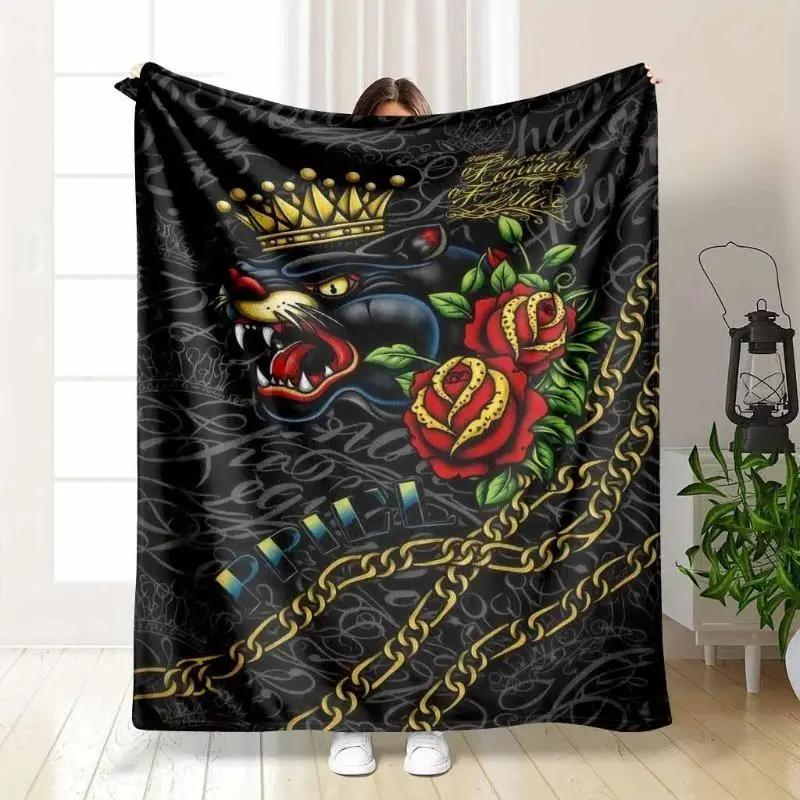 3D Ed Hardy Tattoo Style Black Panther Skull Blanket, Living Room Bedroom Sofa Soft Comfortable Warm Flannel Throw, Office Leisure Blanket for Goth Punk Room Style