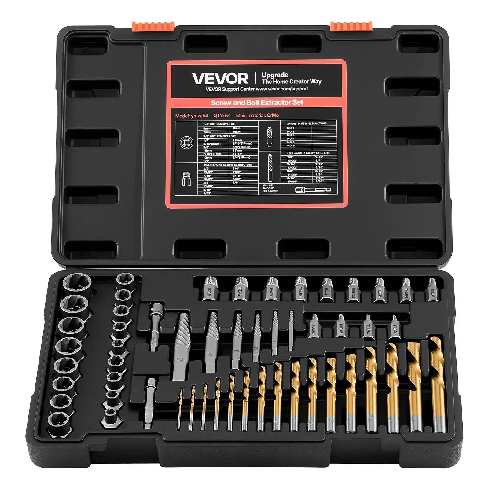 【summerfinds】VEVOR Screw Extractor Set with Drill Bits, 54 Pieces, Easy Out Nut Bolt Extractors and Drill Bits, with Adapters, Solid Storage Case, Cr-Mo Steel for Removing Rounded, Broken, or Stripped Fasteners, 13 Spline Socket Extractors, 17 Nut Ext
