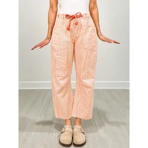 Striped Twill Barrel Pants with Drawstring Waist in Coral Peach