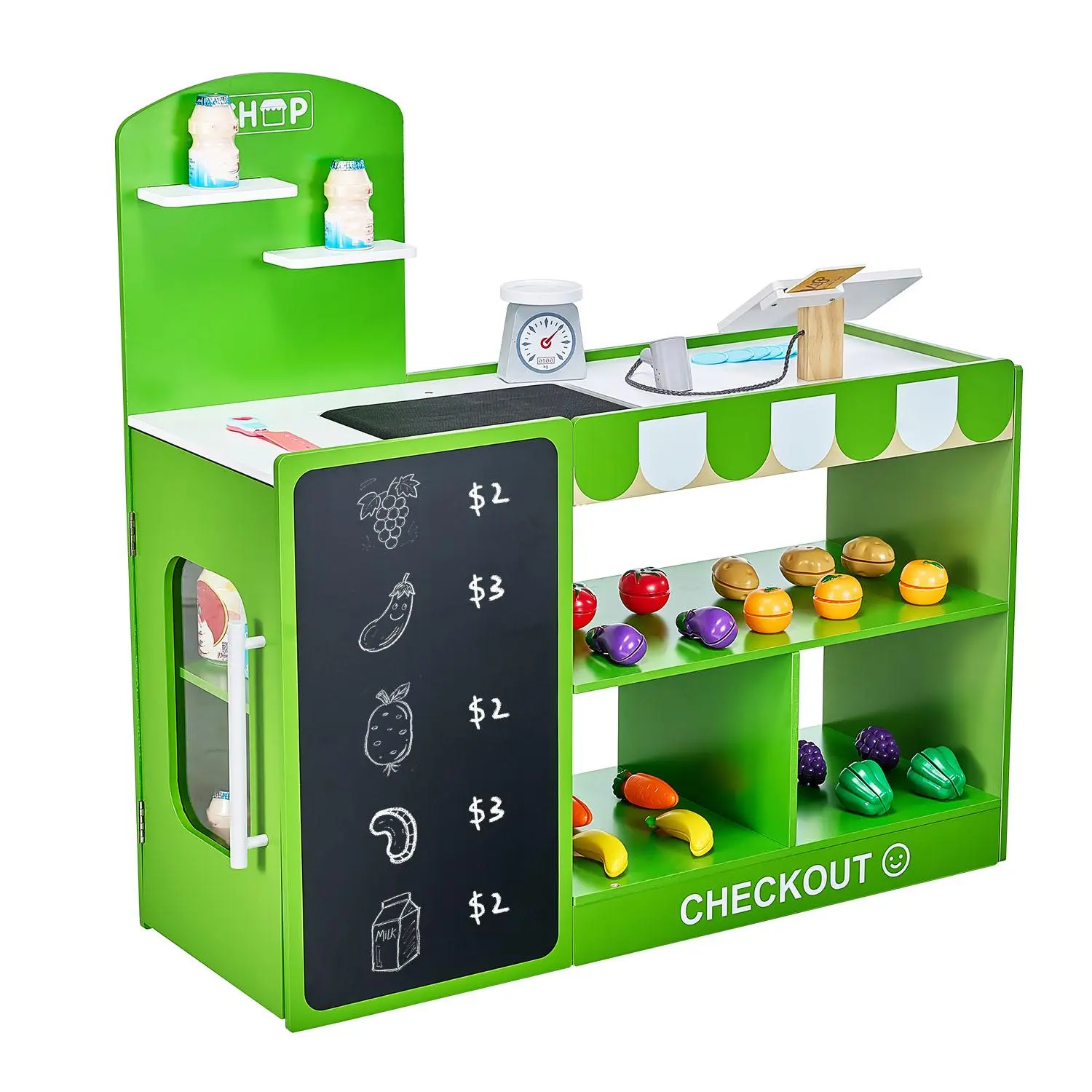 VEVOR MDF Wood Toddler Multi-Activity Indoor Playset - 3+ Years Pretend Grocery Store with Shopping Bags, Conveyor Belt, Card Reader, Cash Register, Realistic Scale, Interactive Toddler Development Features, Cool Gift, Multi Activity Playset