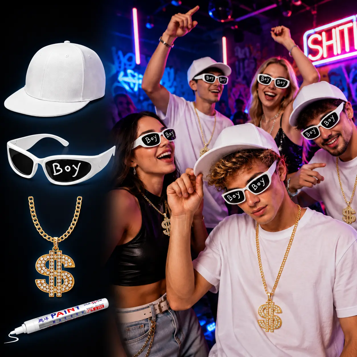 4/6/8/12 Pcs Hip Hop Rapper Costume Kit 2000s 80s 90s Halloween Rapper Accessories Outfit White Hat Cap,  Sunglasses, Dollar Necklace, Paint pen for Men Women Halloween Party