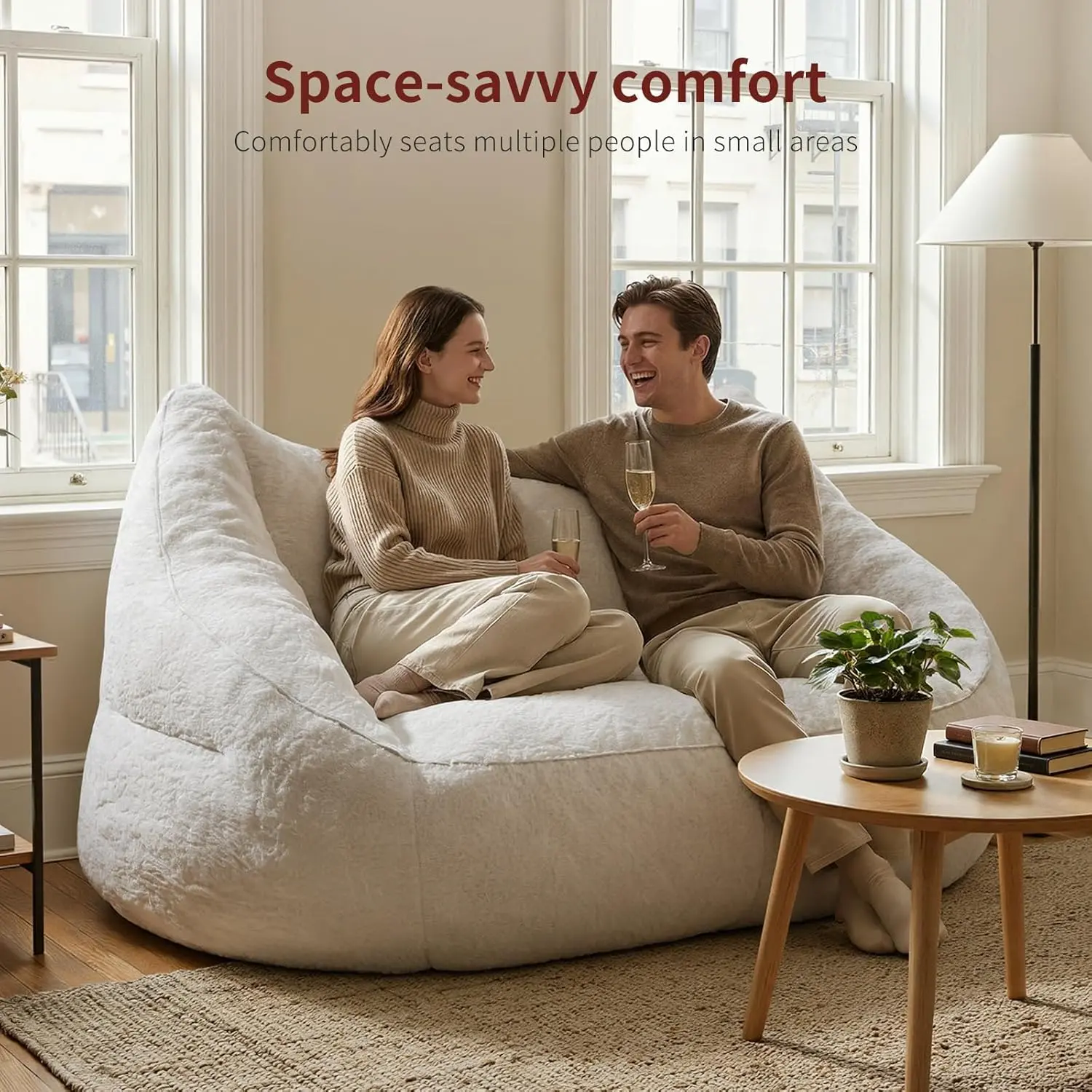 ReleFree 70.9" Modern Loveseat Sofa - Oversized Adult Boneless Bean Bag Chair, Cream White Comfy Couch with Exclusive Filling Formula, Premium Faux Fur Fabric, Space-Saving Design