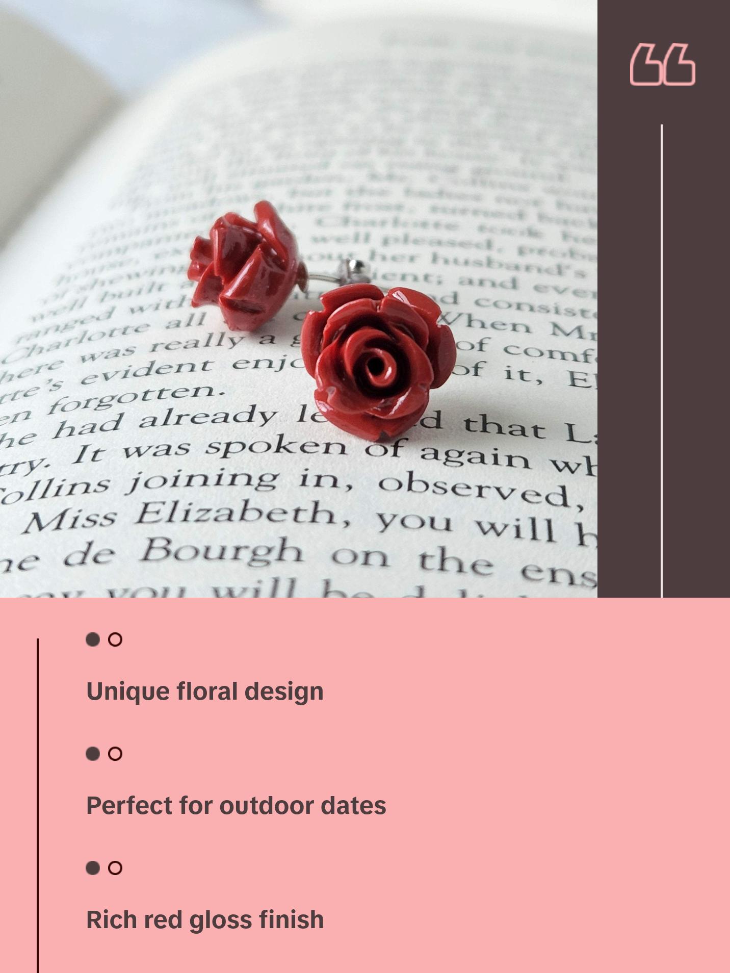 Red Rose Earrings Sterling Silver Cottagecore Studs Red Resin Flower Jewelry