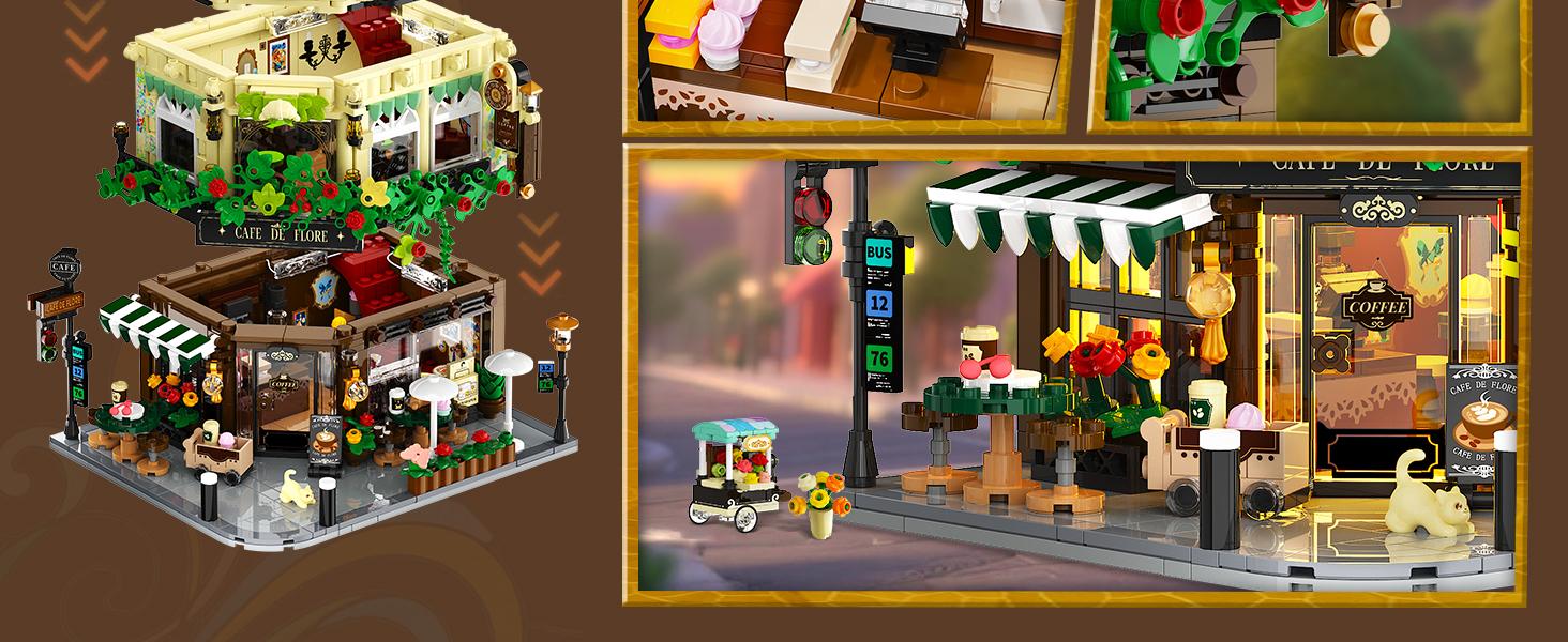 Flower Cafe House Building Set with Lights, 1876 PCS City Street Corner Shop Construction Model, Art Architecture Modular Building Block Kit Home Decor, Gift for Adults Teens Boys Girls 12+