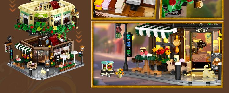 Flower Cafe House Building Set with Lights, 1876 PCS City Street Corner Shop Construction Model, Art Architecture Modular Building Block Kit Home Decor, Gift for Adults Teens Boys Girls 12+