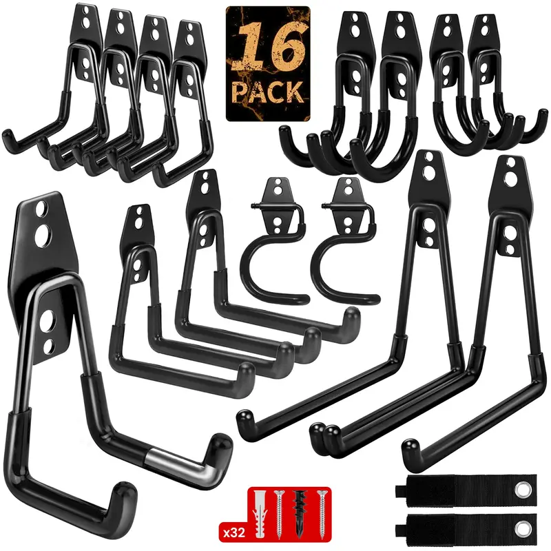 16-Pack Multi-Size Carbon Steel Wall-Mount Hooks with Anti-Slip Coating, Heavy-Duty Barn/Shop Organiser Hooks, Easy Installation for Garage/Warehouse Use, Sturdy Vertical Wall Space Maximizer