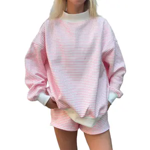 Pink Stripe Oversize Mock Neck Sweatshirt and Shorts Set