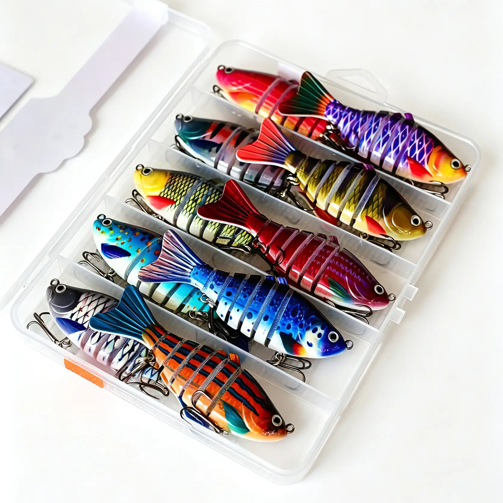 Multi-joint swimming fish lures, suitable for both freshwater and saltwater, are ideal for catching bass and pike. Outdoor fishing gear. A set of bionic swimming posture fish lures. Made of plastic fish lures and metal-reinforced hook handles.