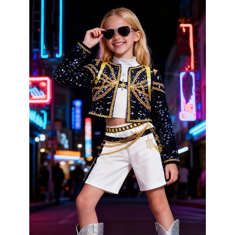 Girls K-POP Demon Huntre Huntrix Rumi Mira Role Play Costume Set Girls 3pcs Short Sleeve Crop Top Skirt Halloween Party Dress Up Clothes Birthday gift for Kids Comfortable Polyester Fabric Superstar Outfit